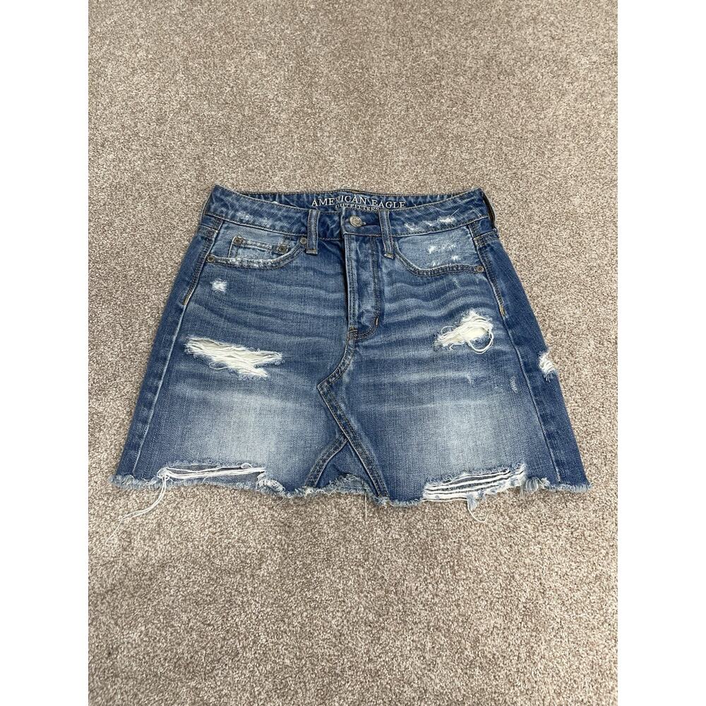 Festival Indie AEO Distressed Denim Micro Mini Skirt 00 Raw Frayed Vintage Wash